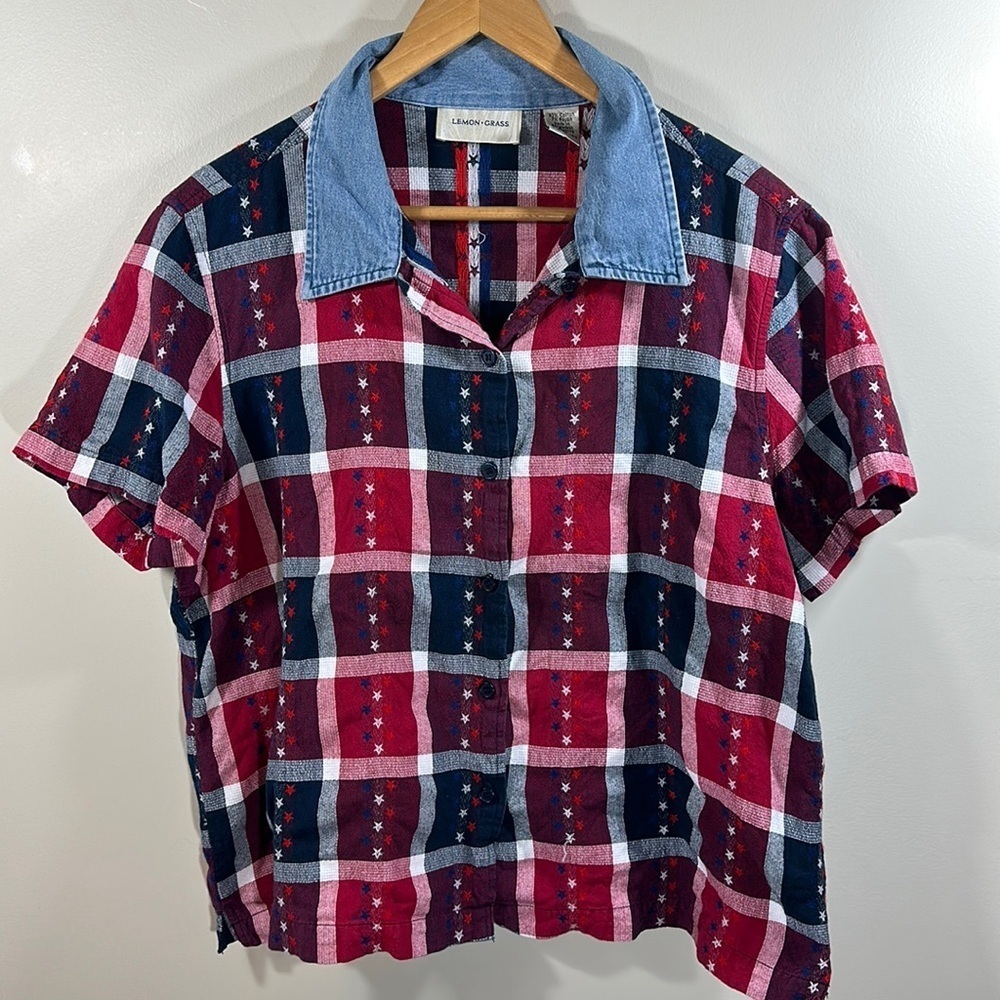 Lemon Grass Patriotic Short Sleeve Button Down Woman's Plaid Denim Collar